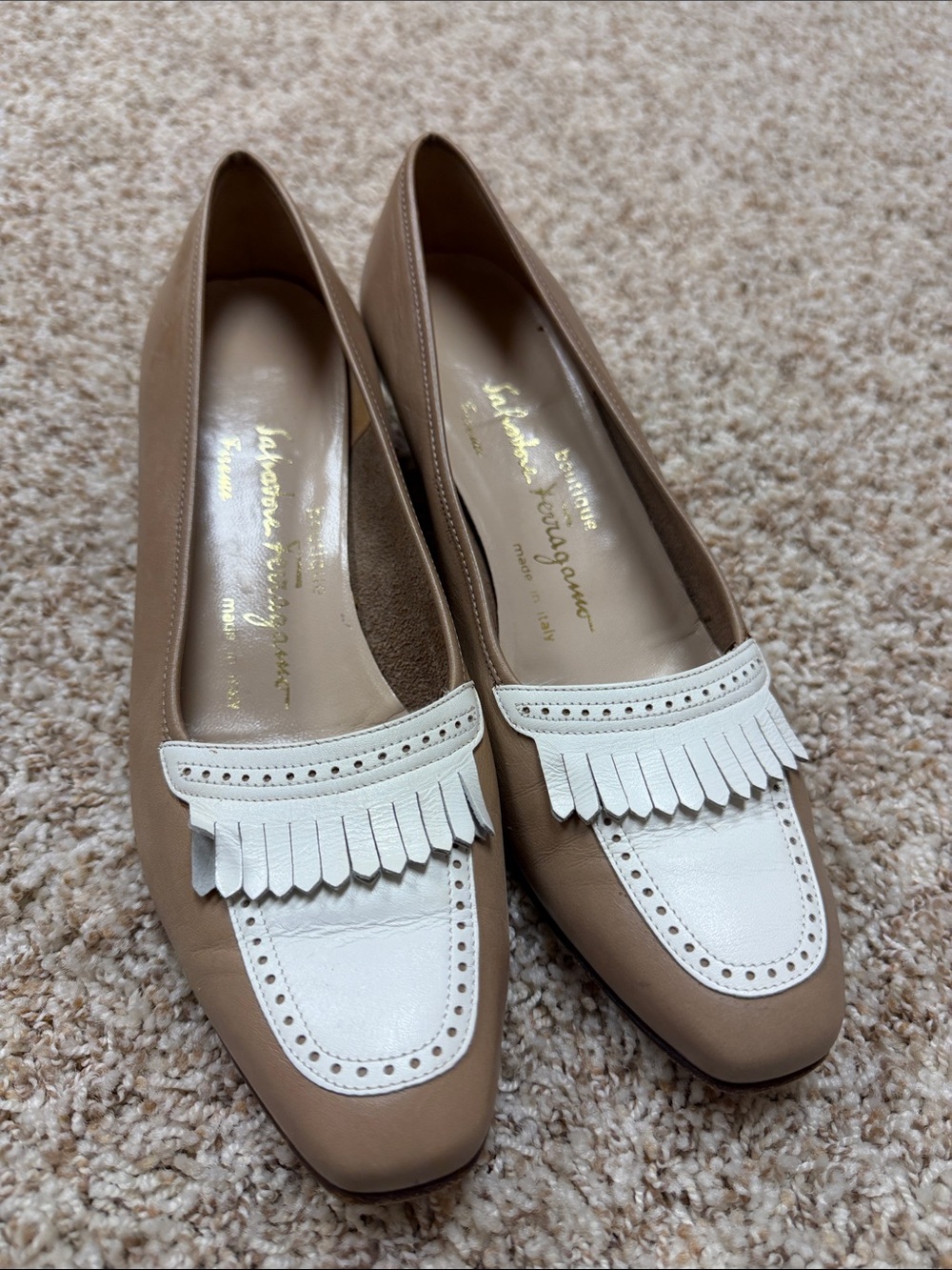 Salvatore Ferragamo Beige and White Leather Fringe Loafers